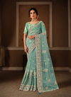 Sea Blue Latest Fancy Designer Heavy Party wear Net Resham Zari And Cord Embroidery Swarvoski Crystals Handwork Saree Collection 21308